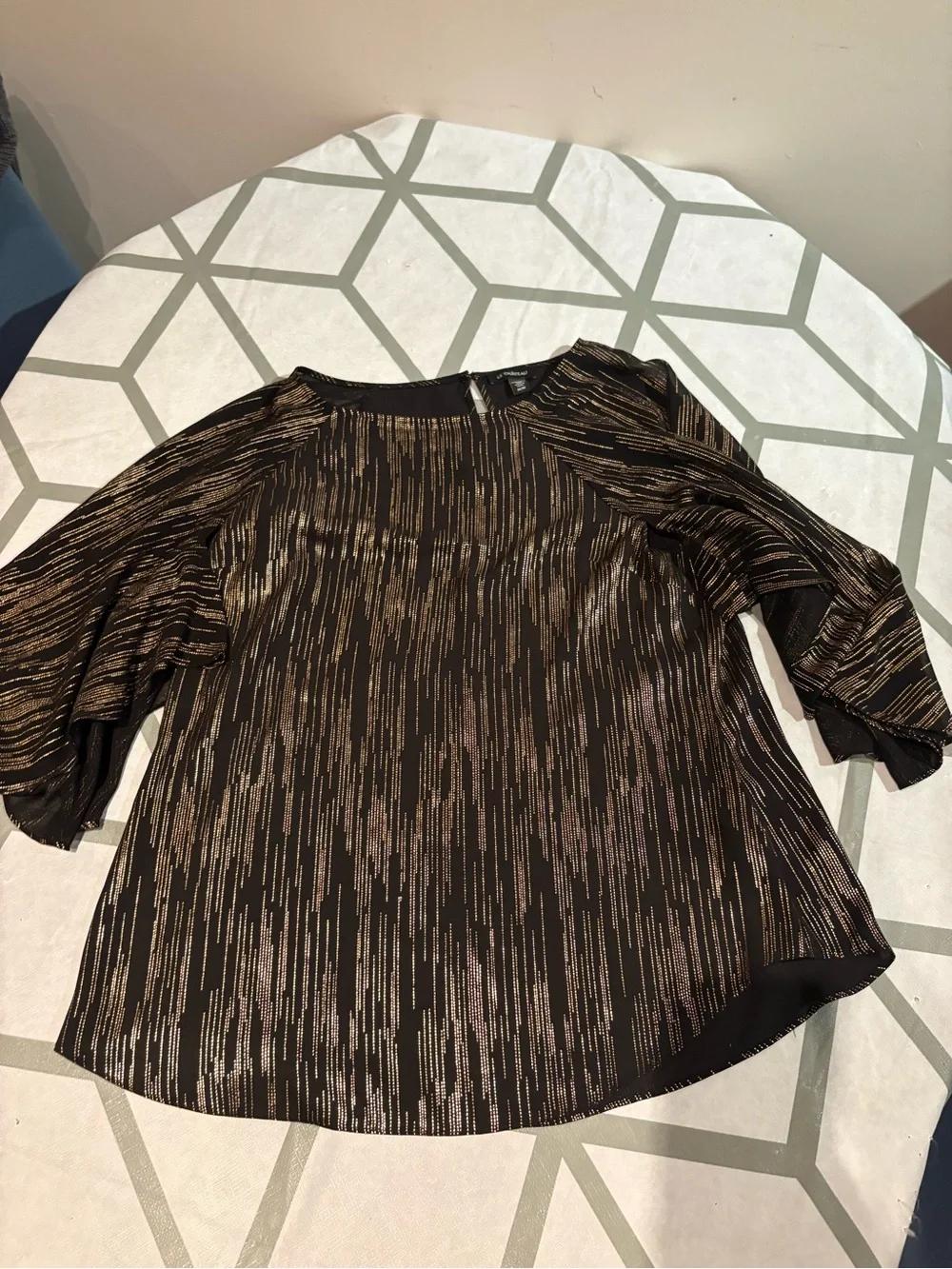 3/15$ le chateau Black Blouse with Gold Metallic Stripe Accents - Picture 1 of 4